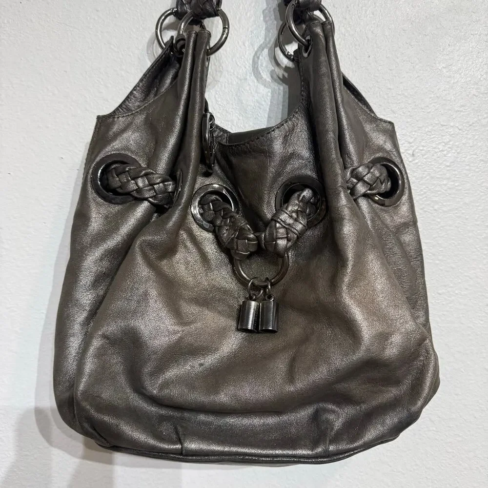 Michael Kors Metallic Silver Leather Drawstring Hobo Shoulder Bag Large